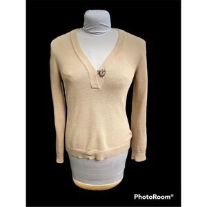 Lauren Ralph Lauren Tan V-Neck 100% Cotton Sweater Tan